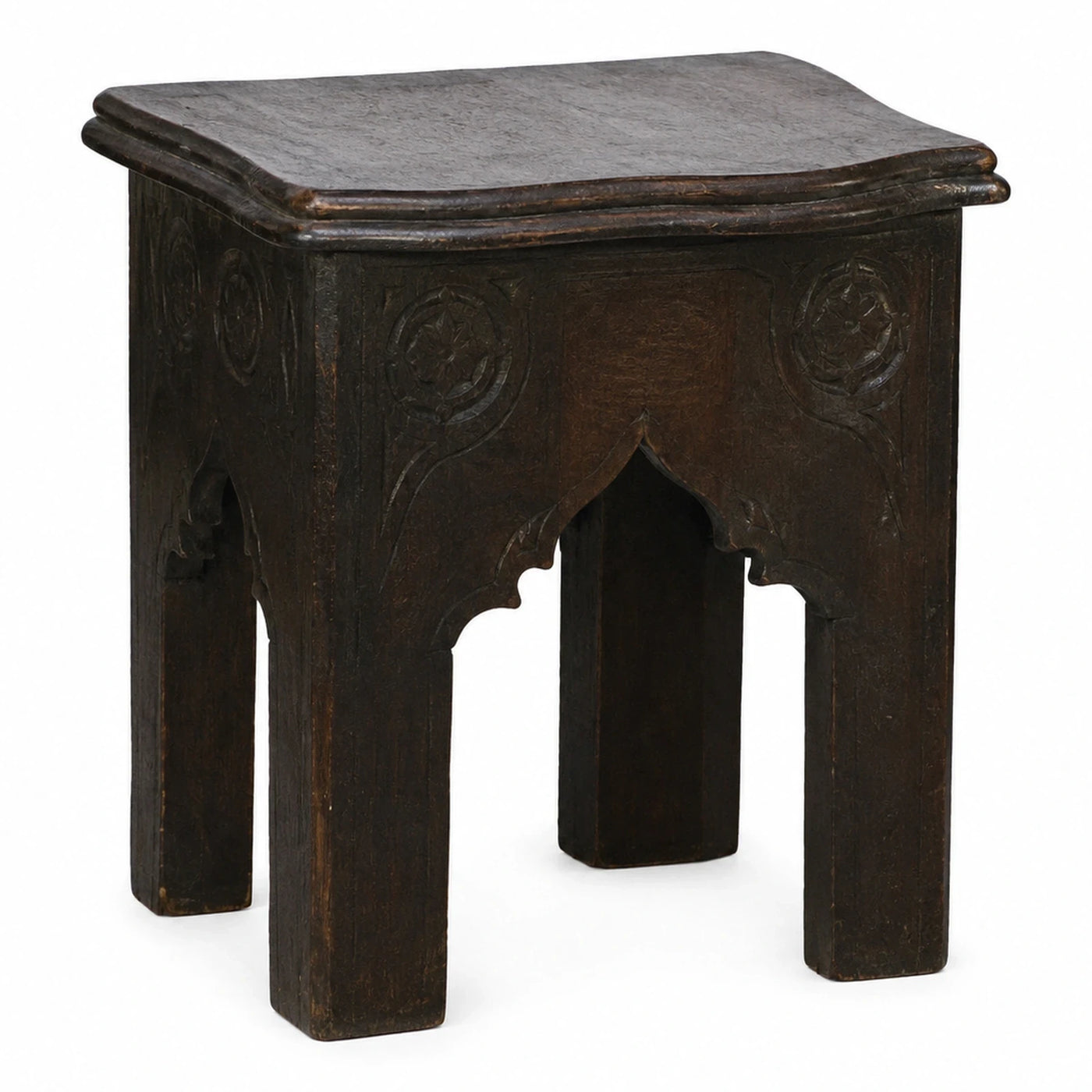 Dark Wood Carved Stool with Arched Apron