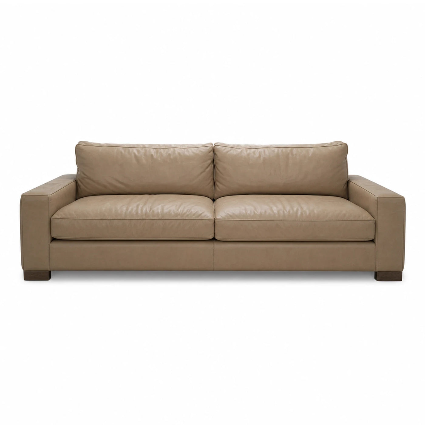 Beige Leather Two-Seater Sofa with Wooden Legs