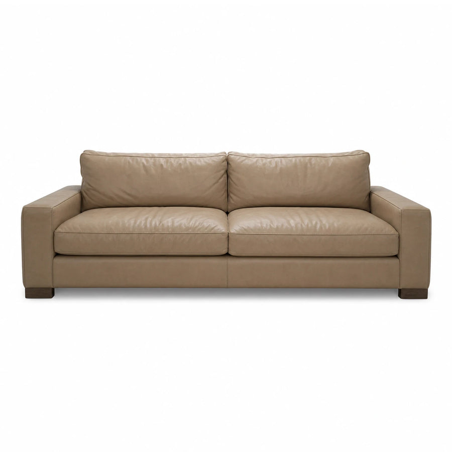 Beige Leather Two-Seater Sofa with Wooden Legs
