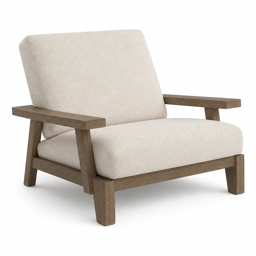 Beige Fabric Lounge Chair with Wooden Frame