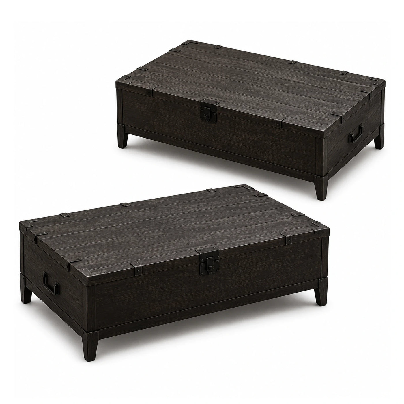 Dark Wood Storage Trunk Coffee Table with Metal Hardware