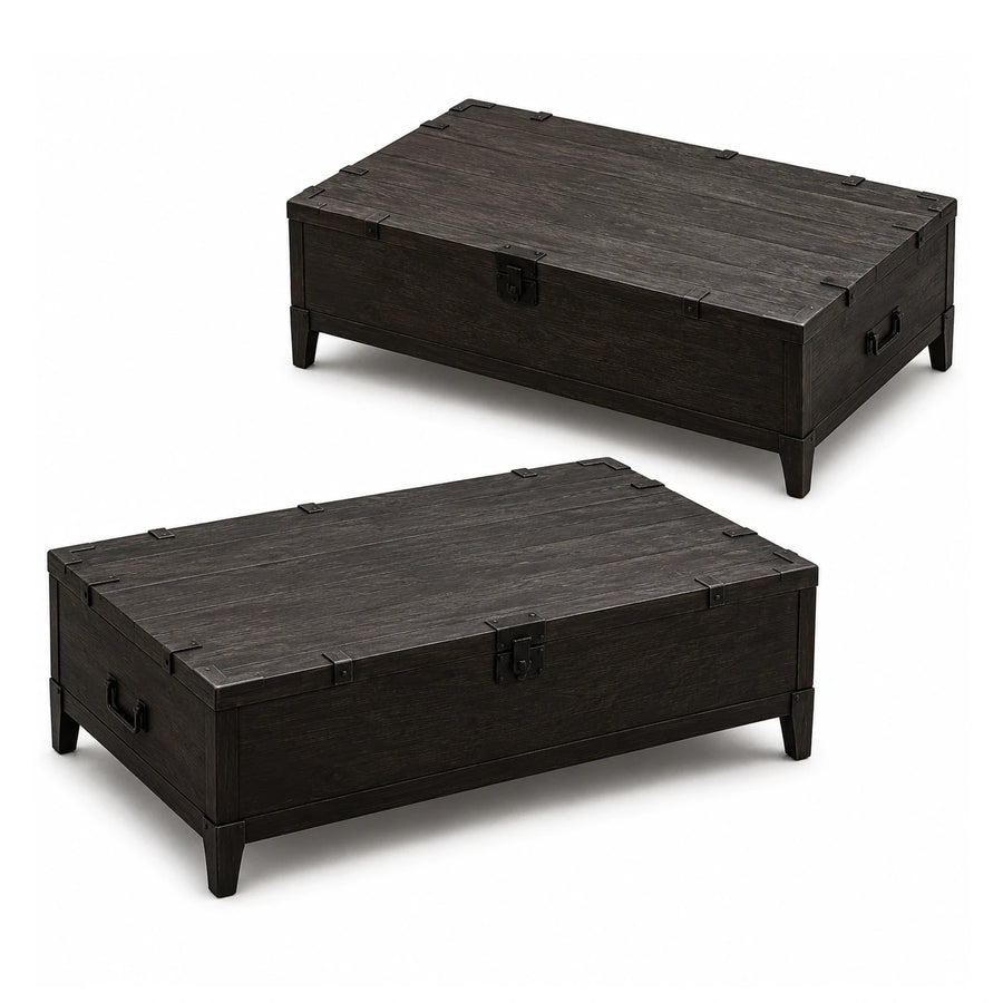 Dark Wood Storage Trunk Coffee Table with Metal Hardware
