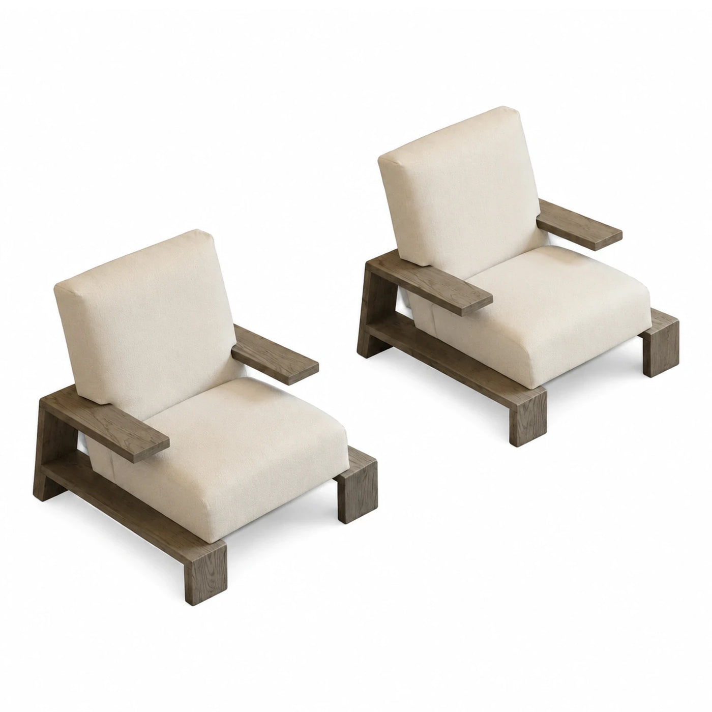 Modern Wood Frame Lounge Chairs with Cream Fabric Cushions