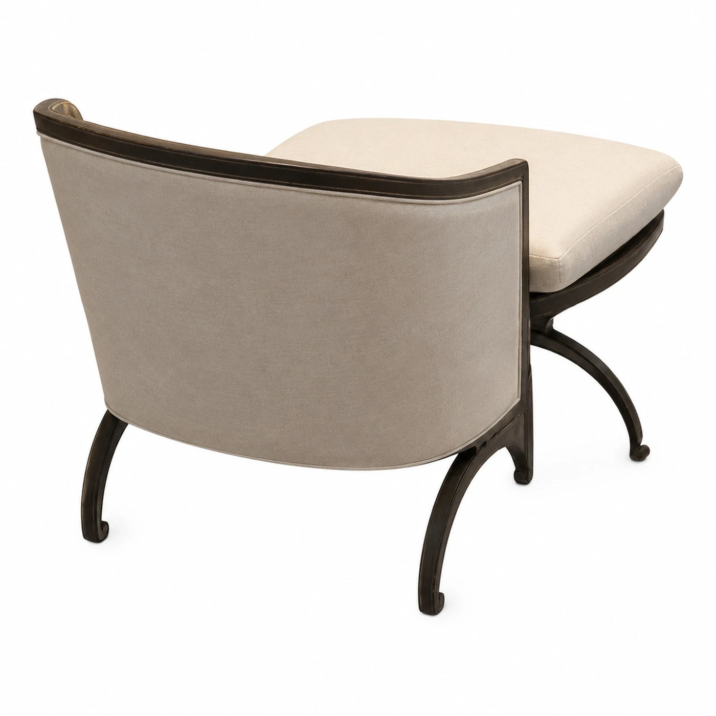 Beige Upholstered Swivel Lounge Chair with Dark Wood Frame