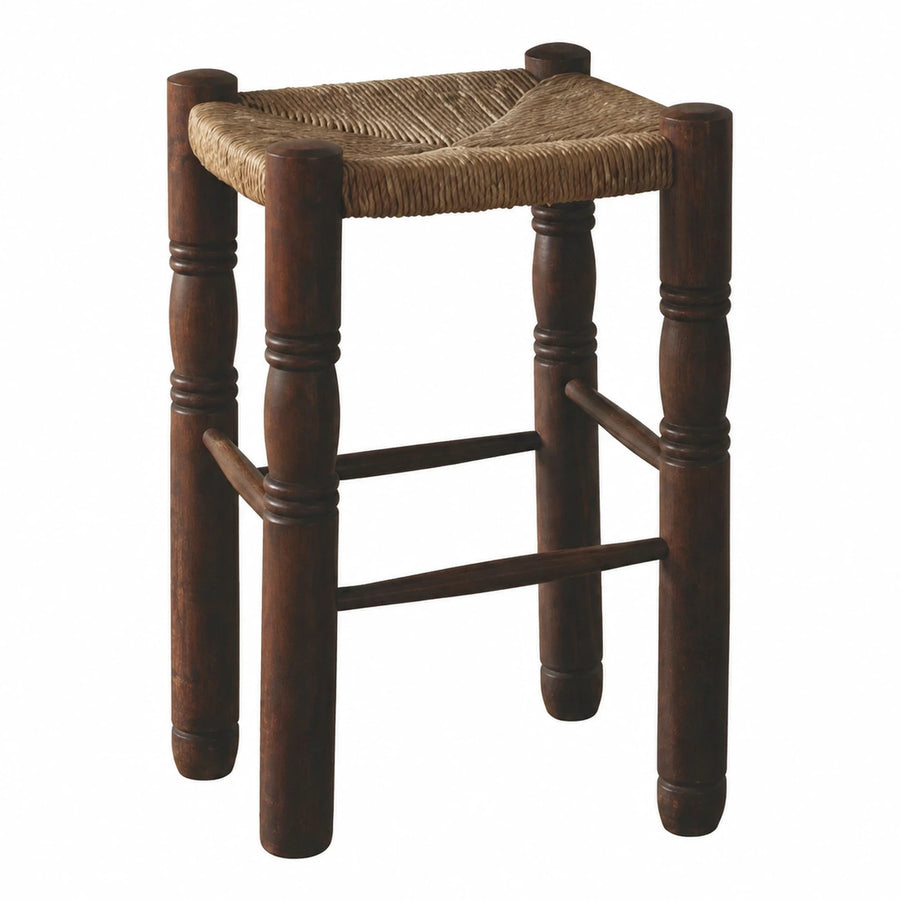 Dark Wood Stool with Woven Rattan Seat