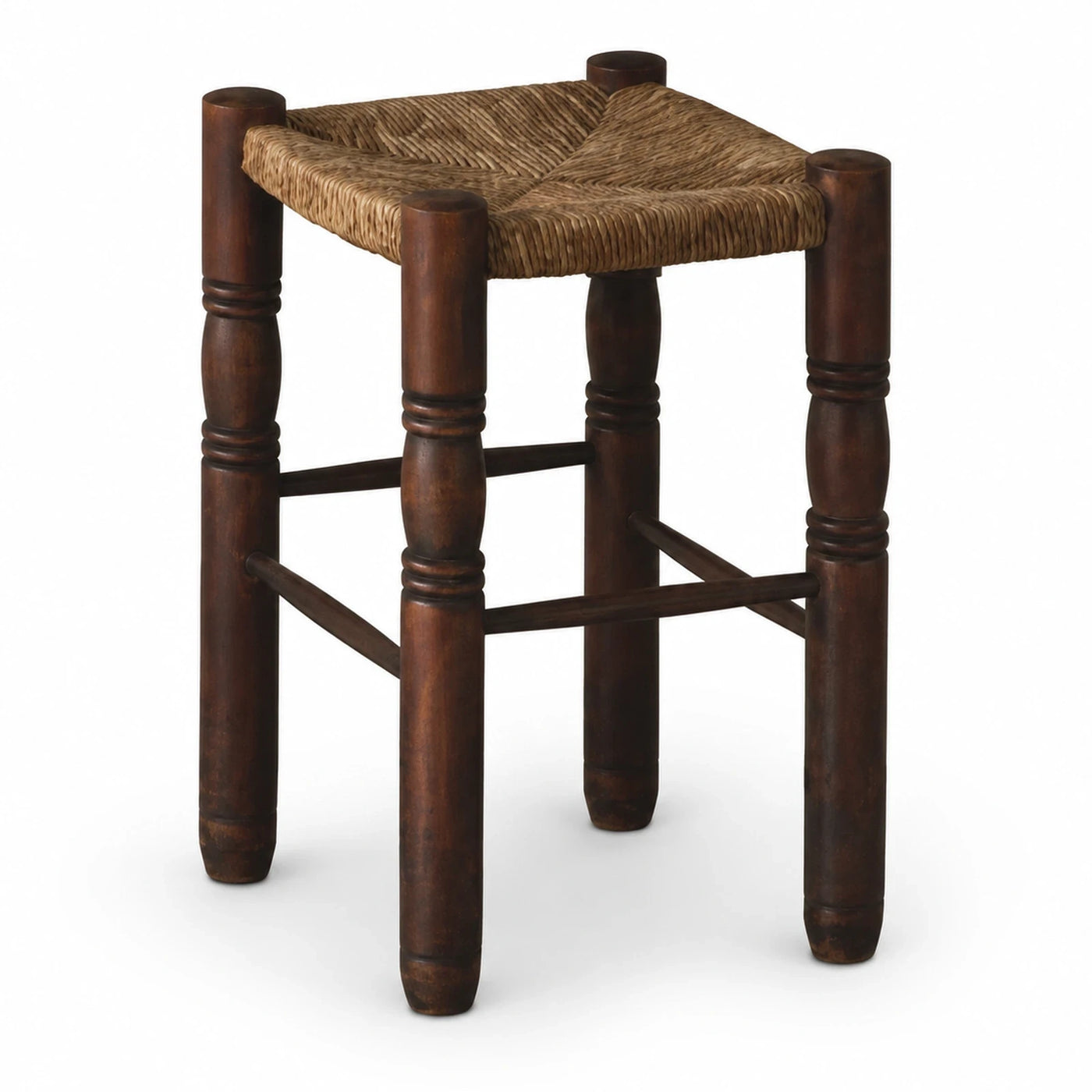 Dark Wood Stool with Woven Rattan Seat
