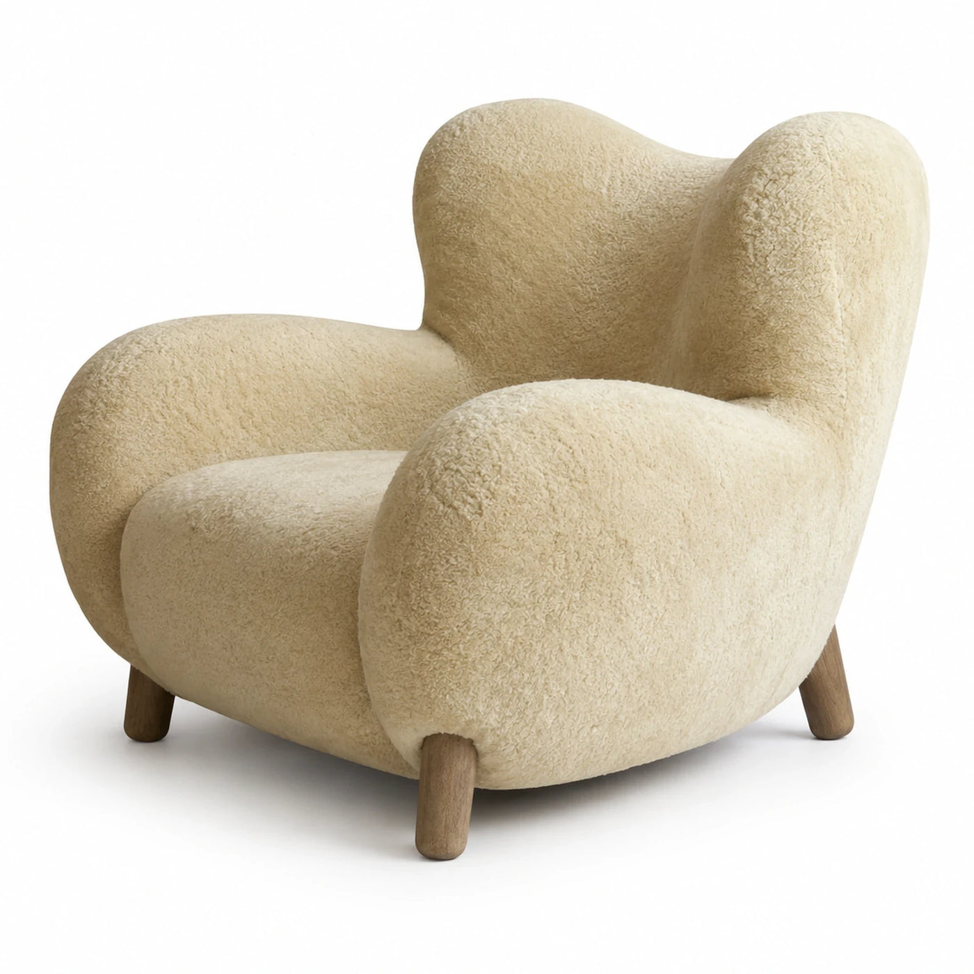 Cream Boucle Armchair with Wooden Legs