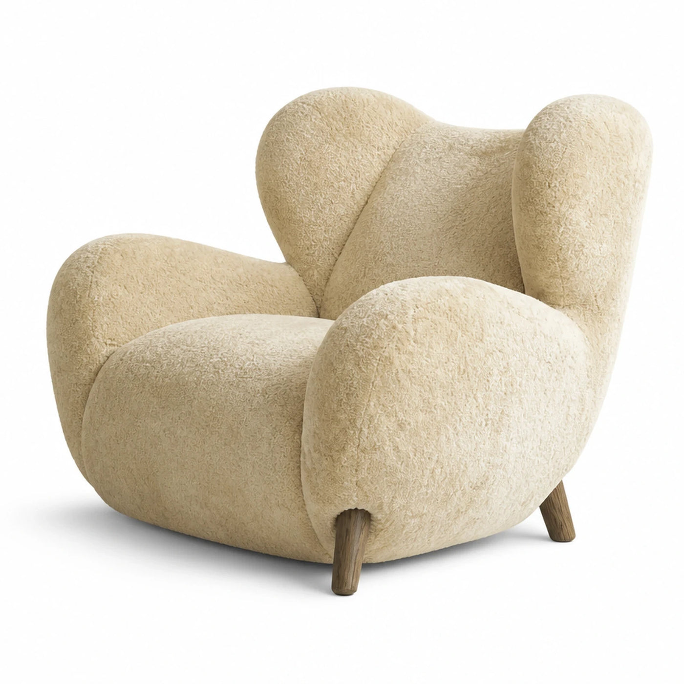 Cream Boucle Curved Armchair with Wooden Legs