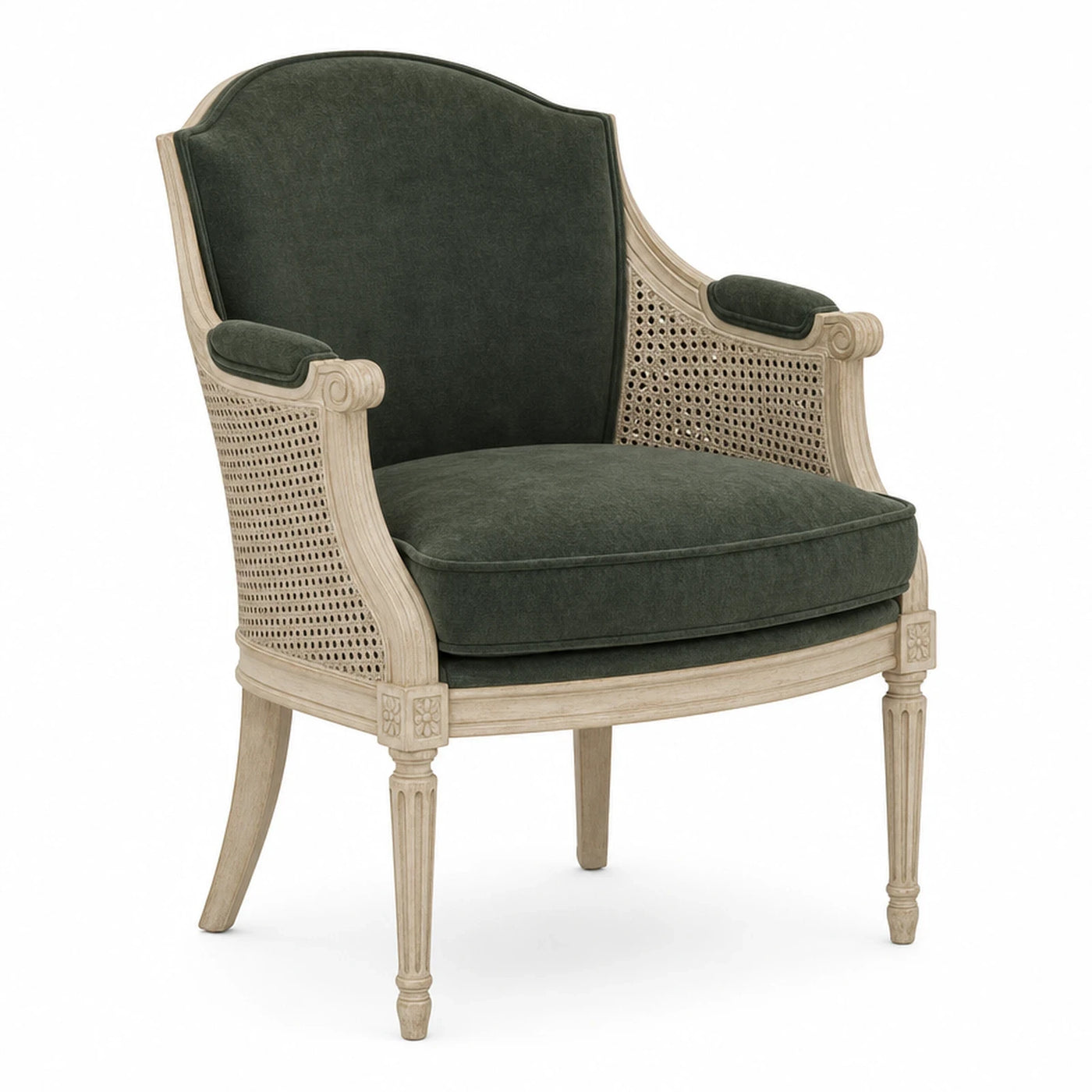 Green Velvet Armchair with Cane Sides and Carved Wood Frame