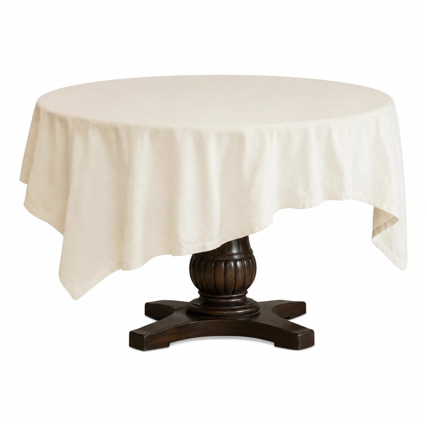 Round Pedestal Dining Table with Cream Tablecloth