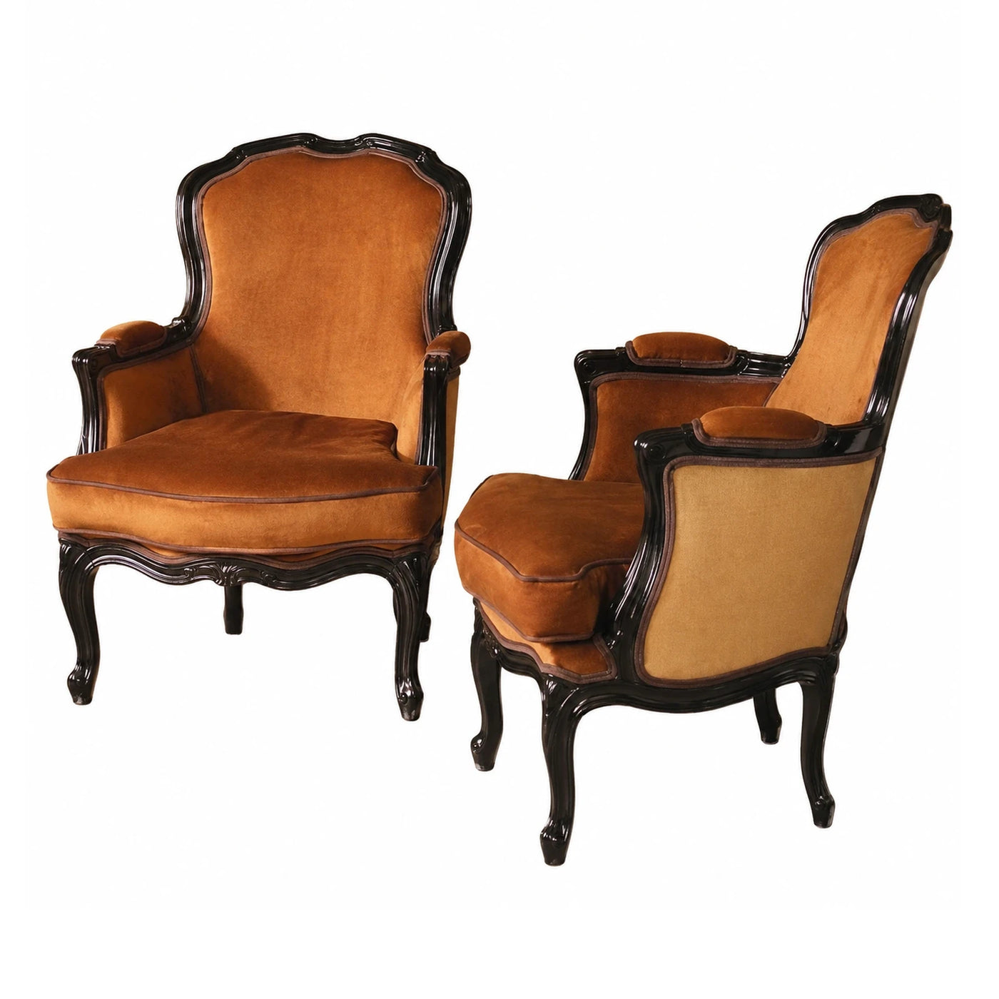 Classic Brown Velvet Armchair with Dark Wood Frame