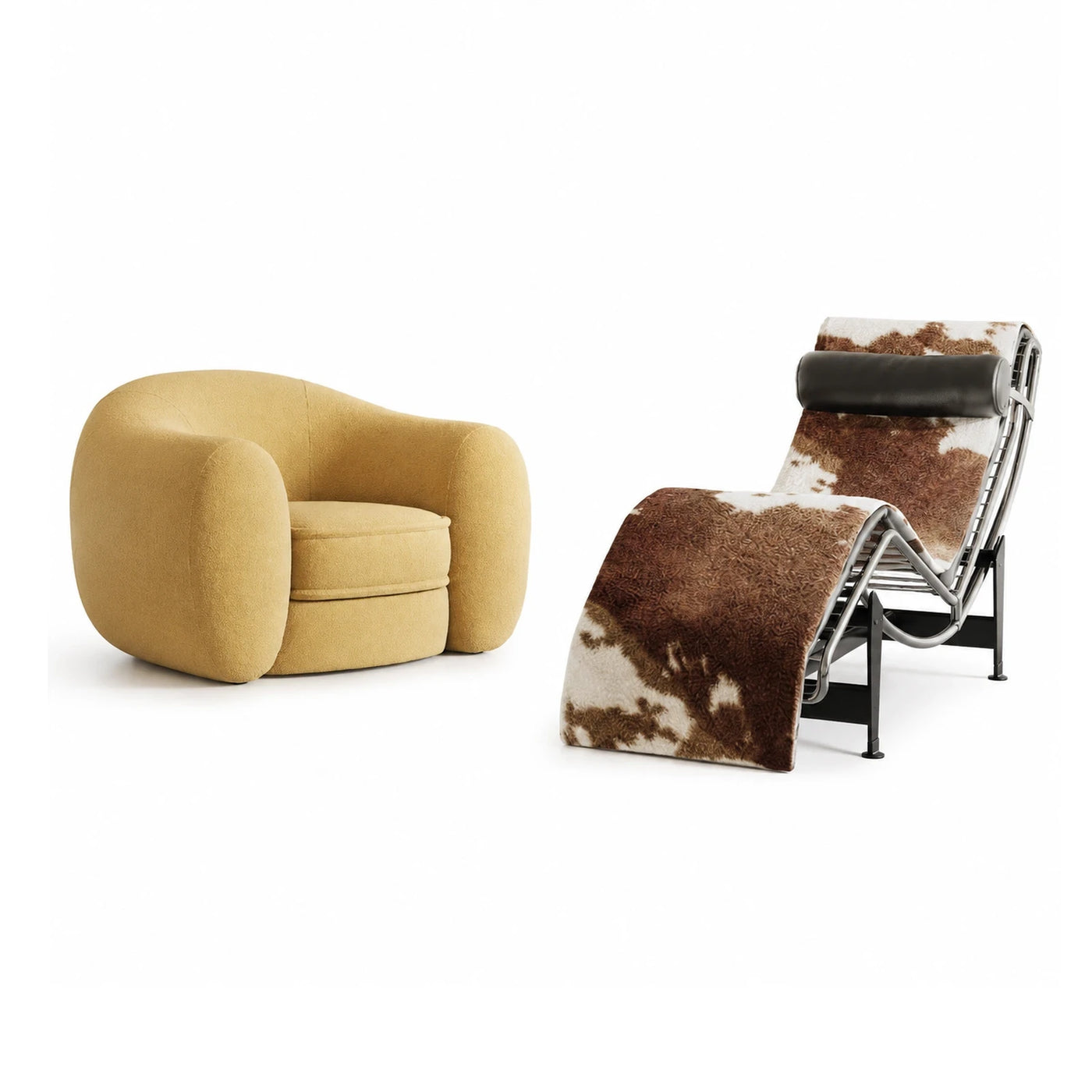 Yellow Armchair and Cowhide Chaise Lounge Set