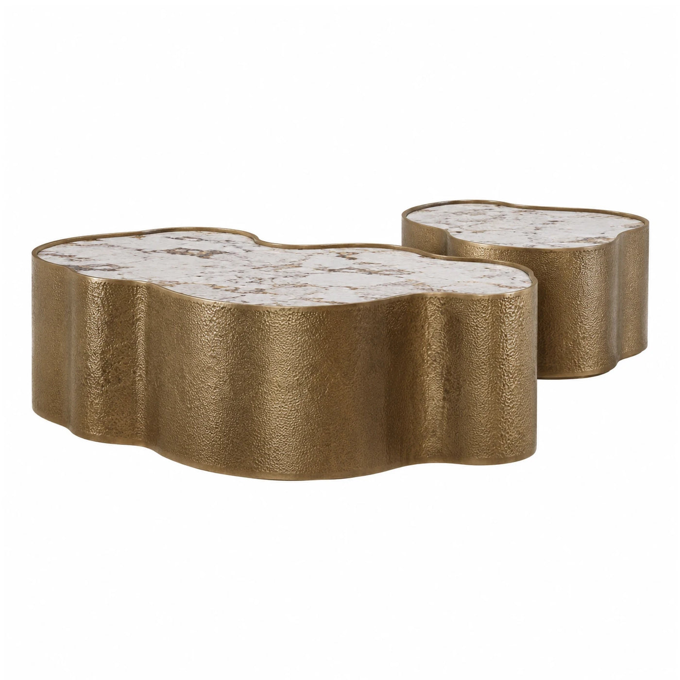 Gold Textured Metal Nesting Coffee Tables with Marble Tops
