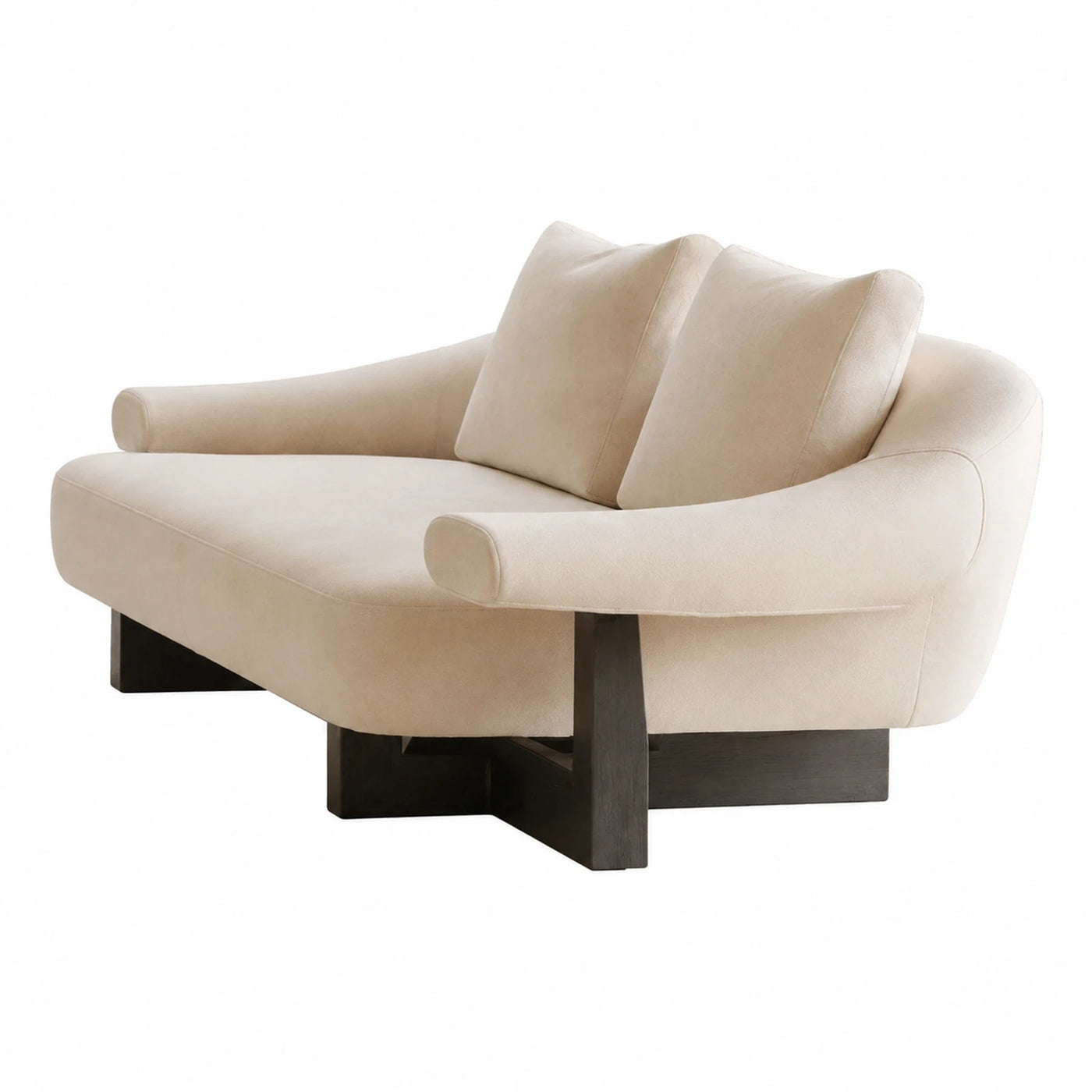 Cream Boucle Curved Sofa with Dark Wood Base