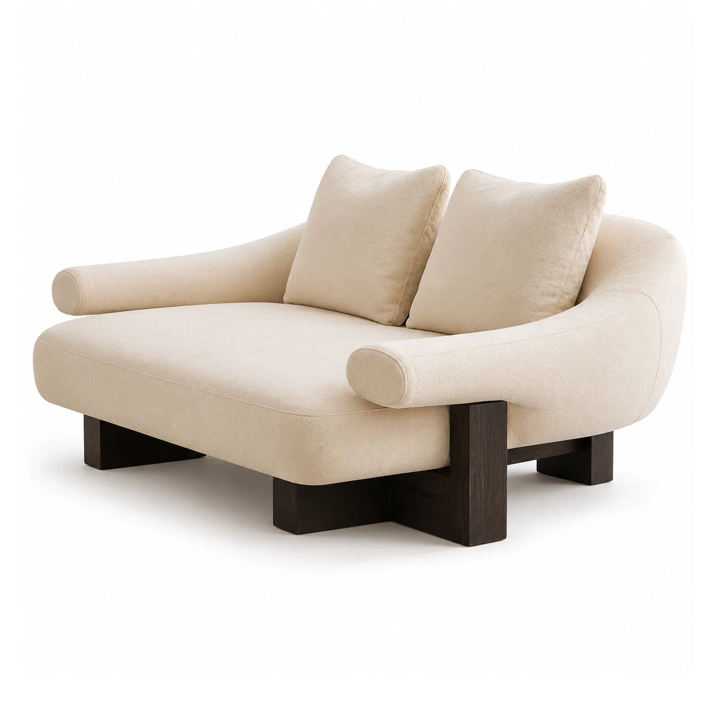 Cream Boucle Curved Sofa with Dark Wood Base