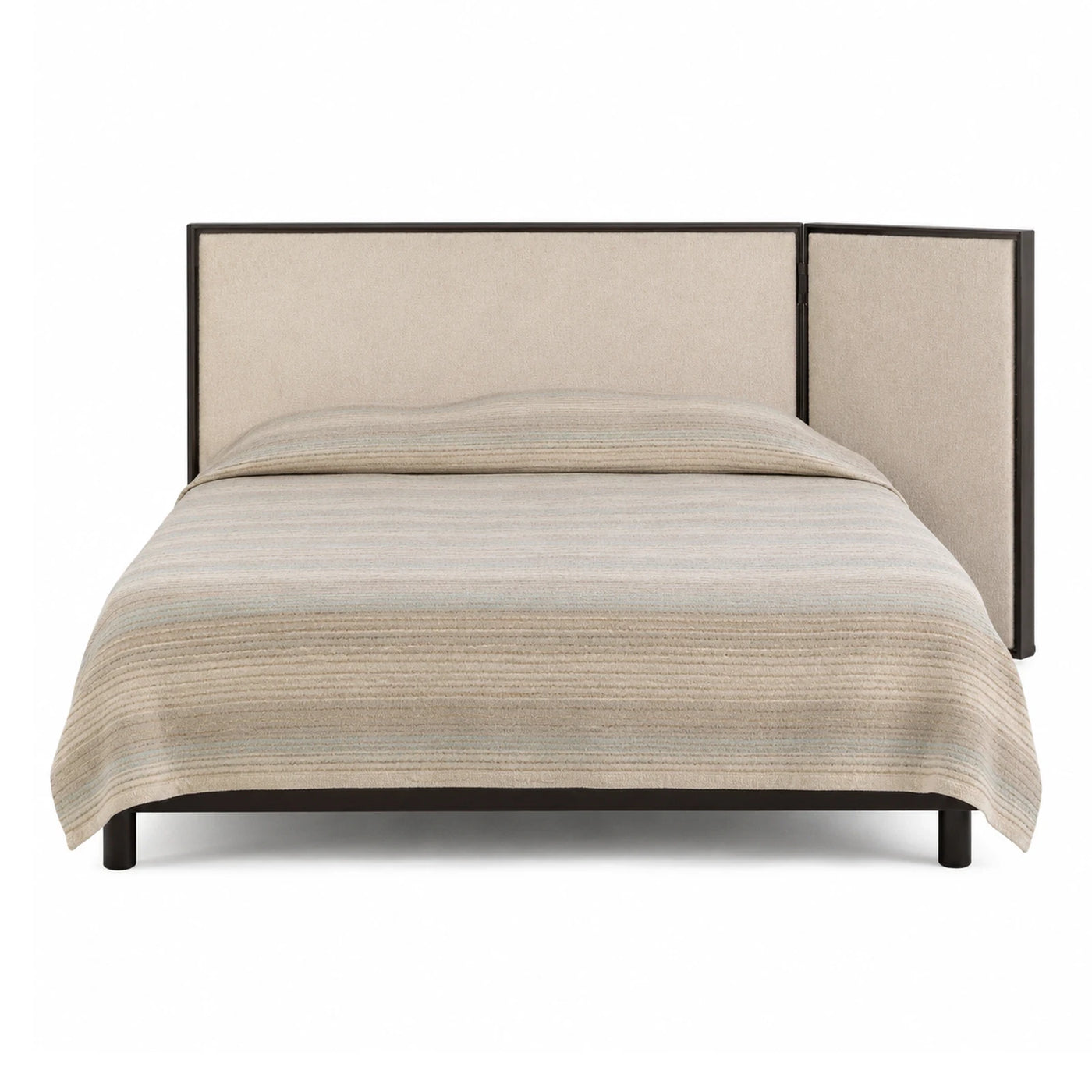 Beige Upholstered Platform Bed with Dark Wood Frame