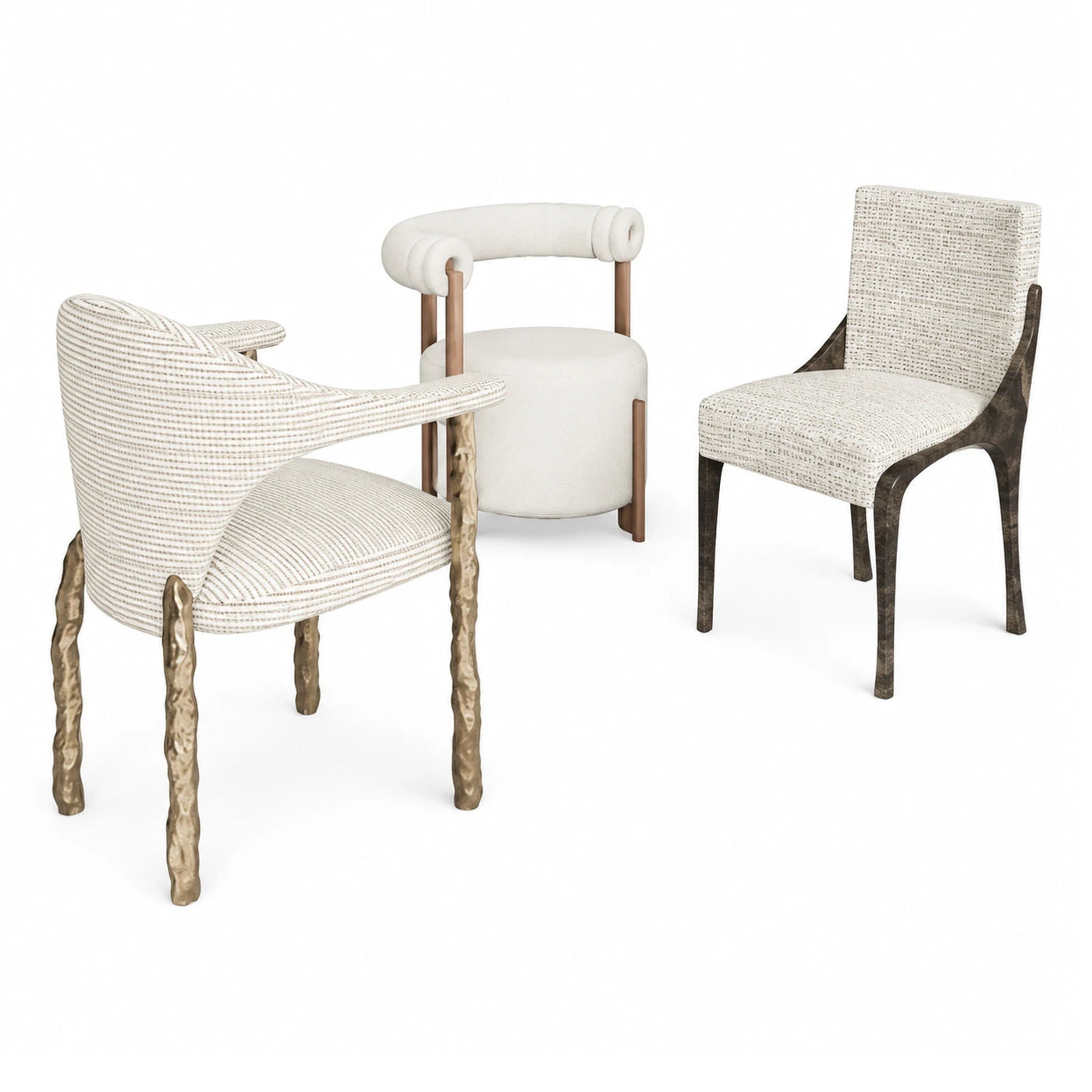 Textured Fabric Dining Chairs with Sculptural Wood Legs