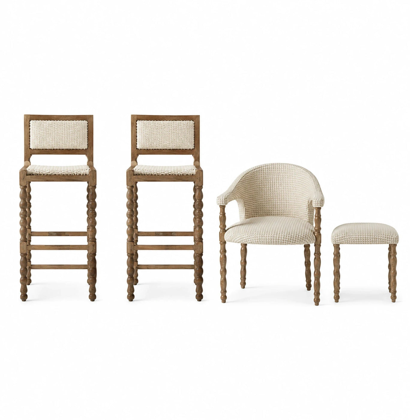 Wooden Bar Stools and Armchair Set with Woven Seats