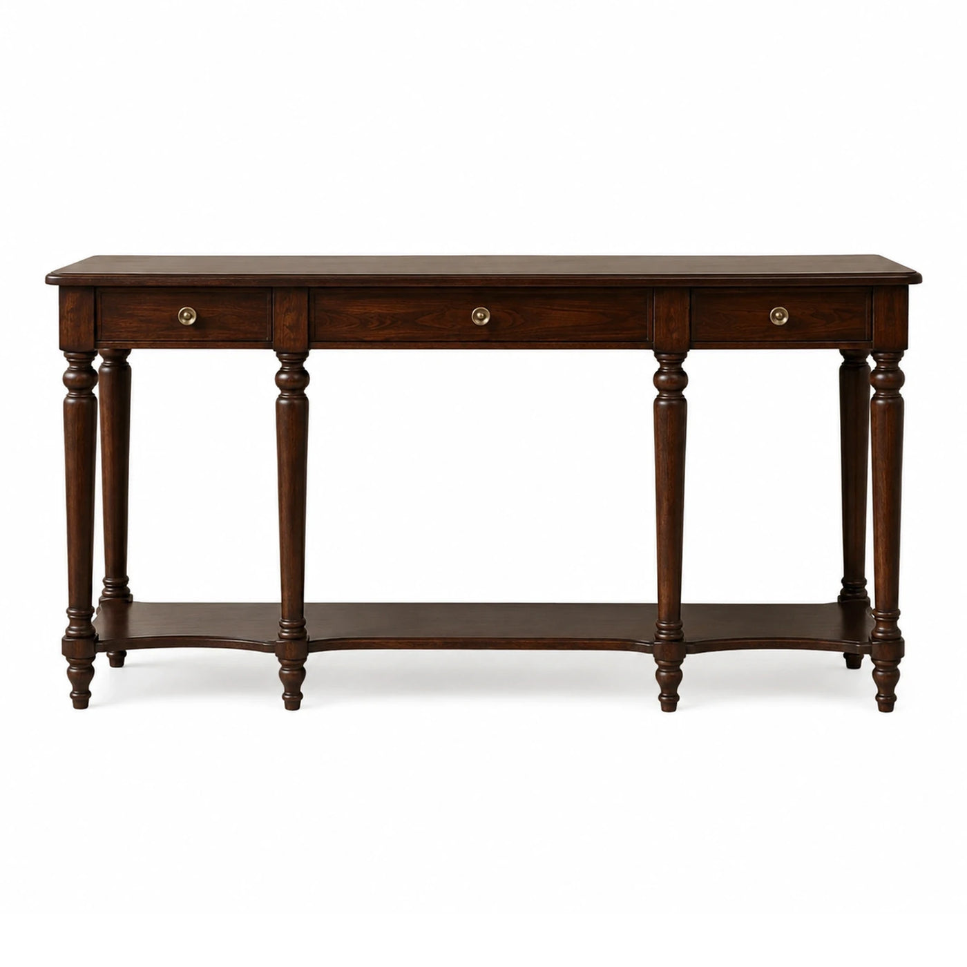 Dark Wood Console Table with Three Drawers and Lower Shelf