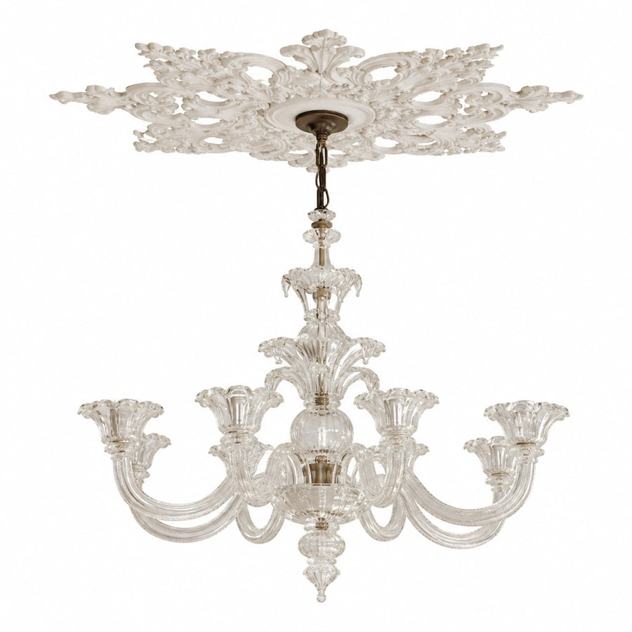 Clear Glass Chandelier with Ornate Ceiling Medallion