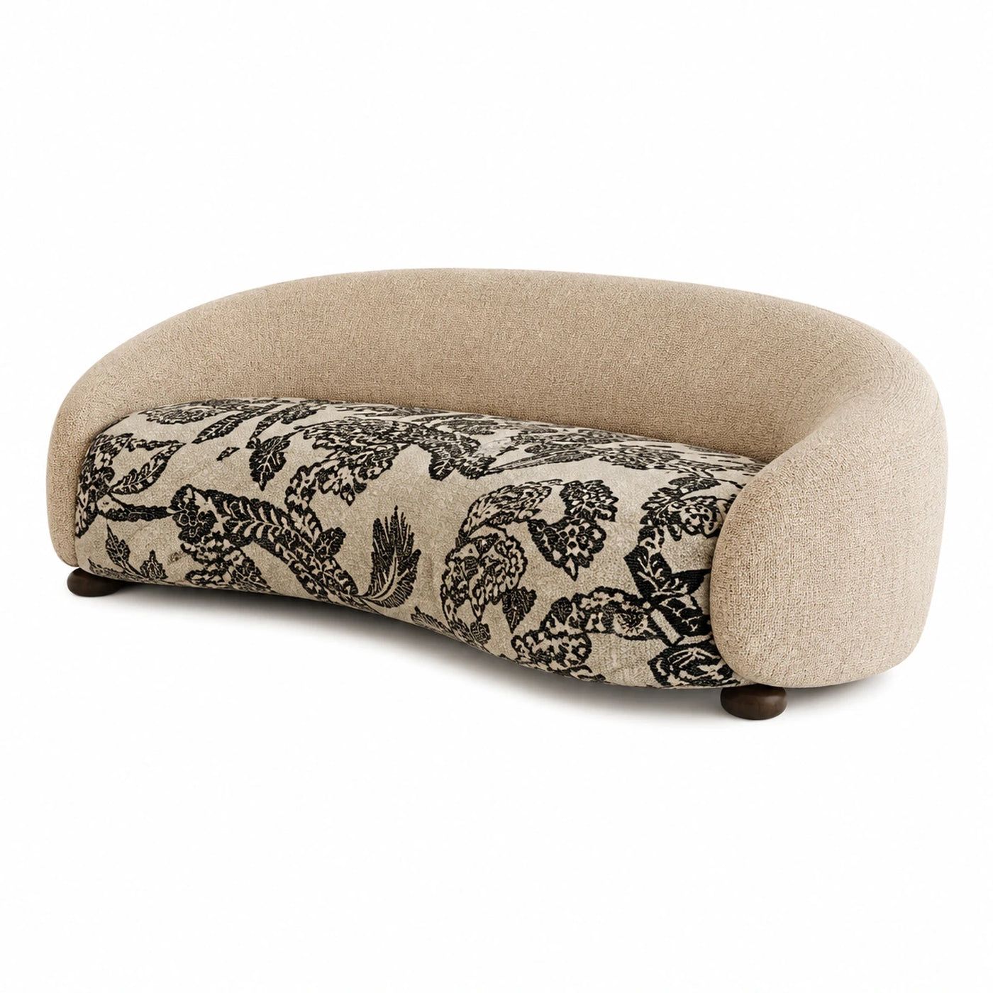 Curved Beige Sofa with Black Floral Pattern