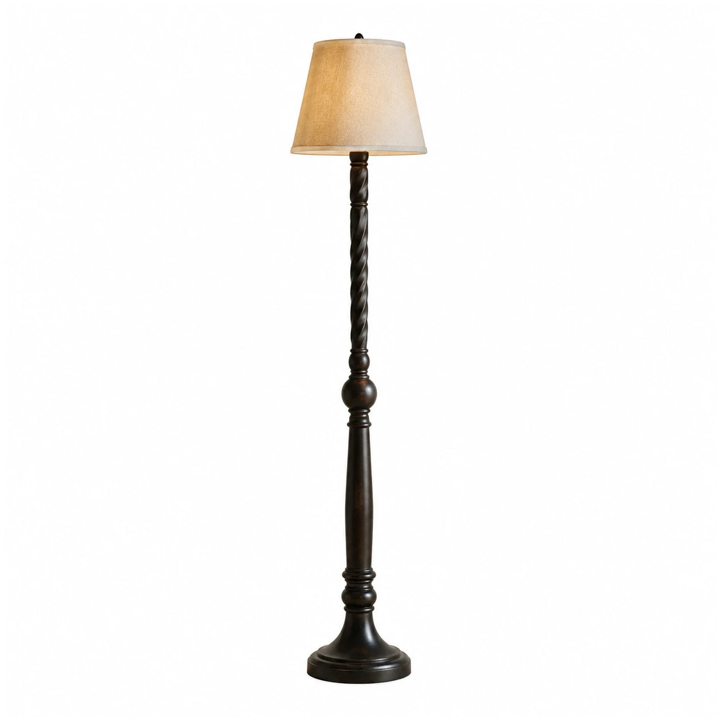 Dark Wood Floor Lamp with Beige Fabric Shade