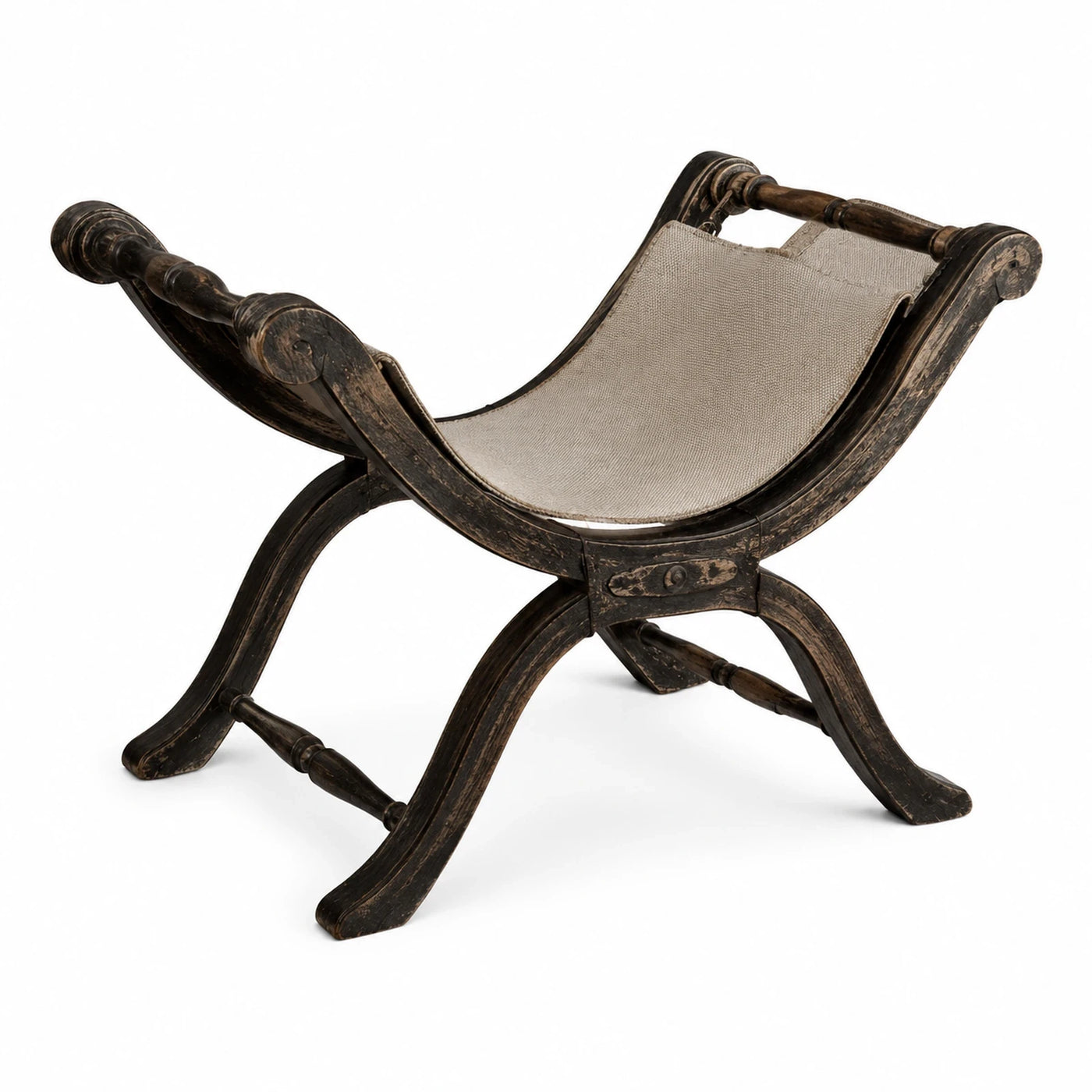 Distressed Wood X-Frame Sling Stool