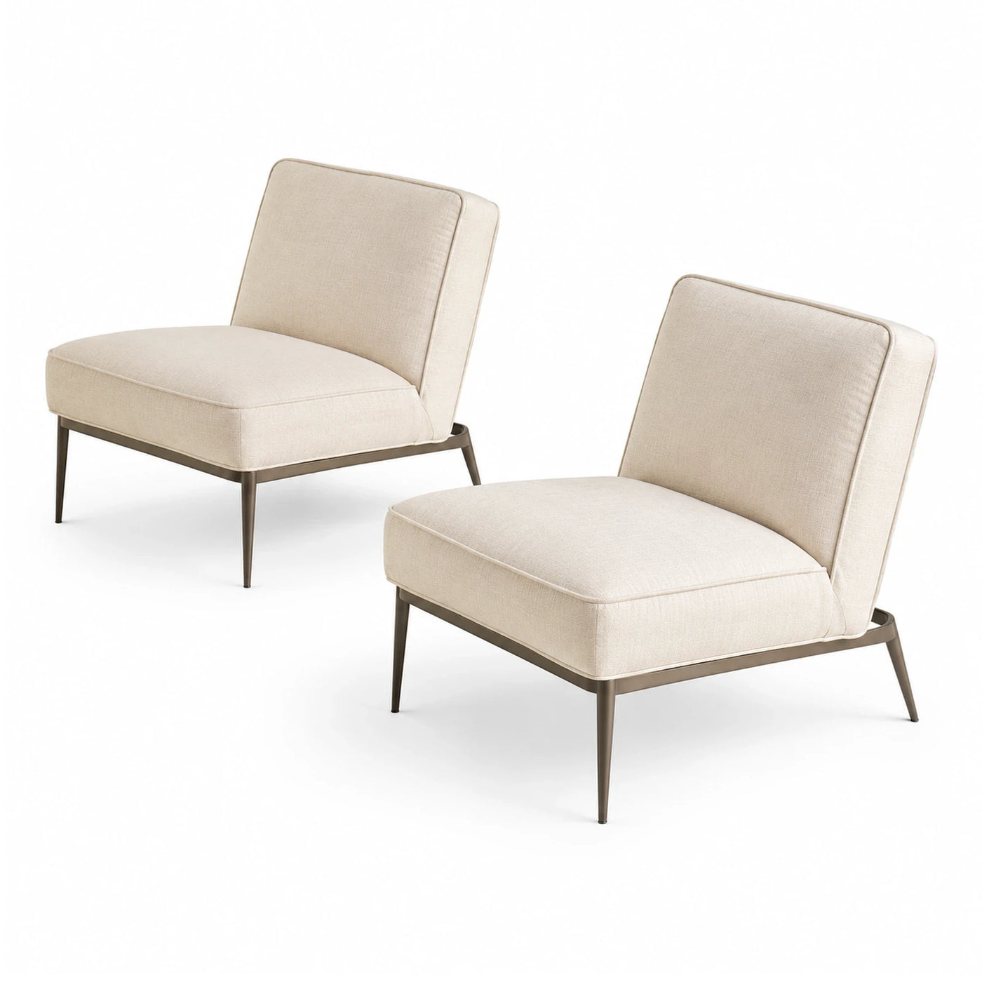 Set of Two Beige Fabric Lounge Chairs with Metal Legs