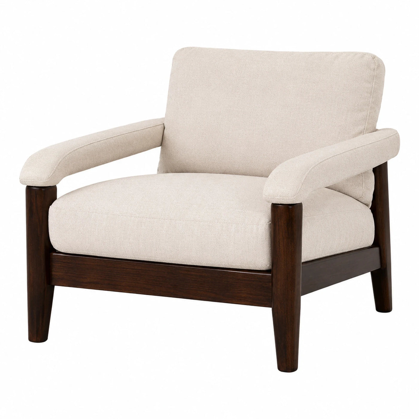 Beige Fabric Armchair with Dark Wood Frame