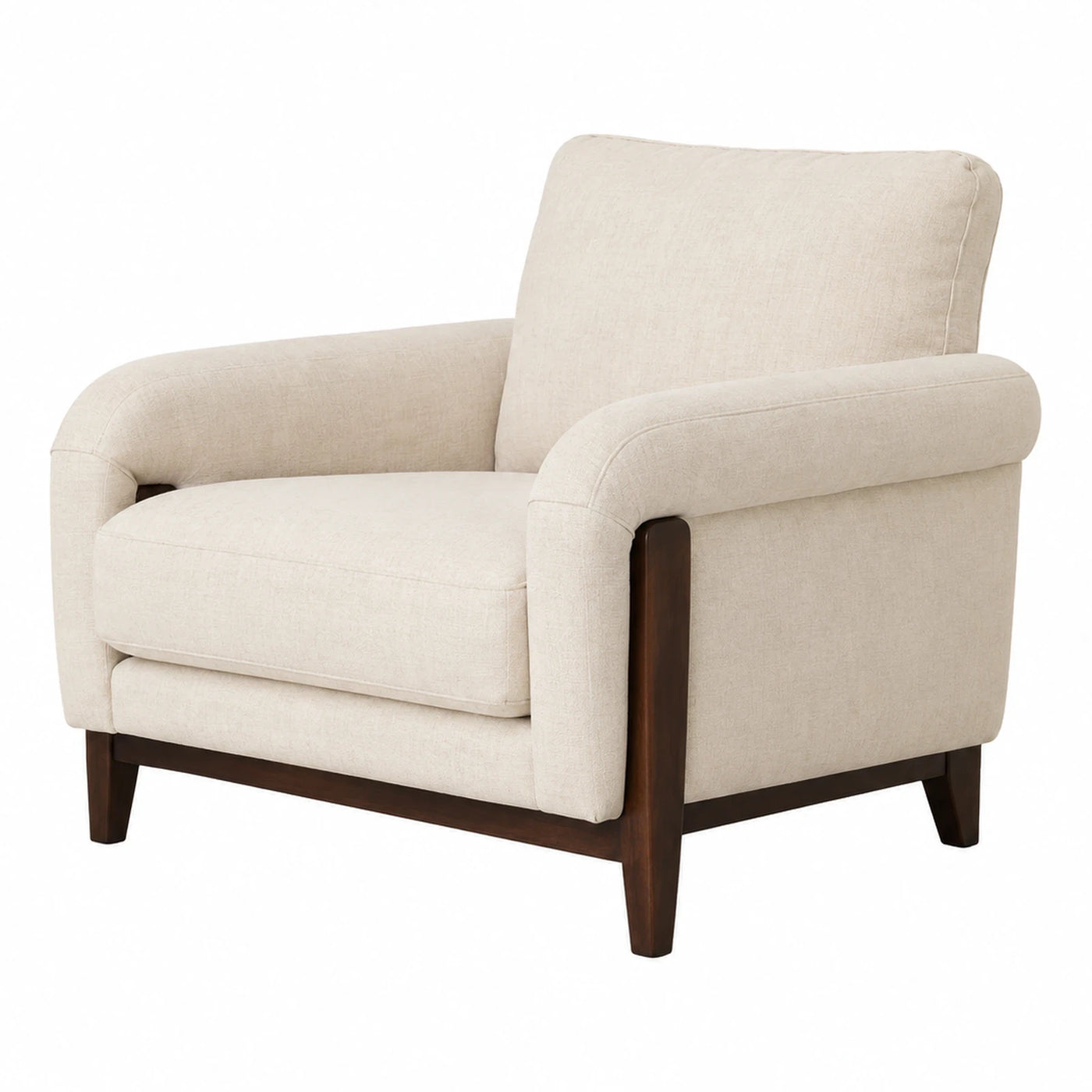 Beige Fabric Armchair with Dark Wood Frame