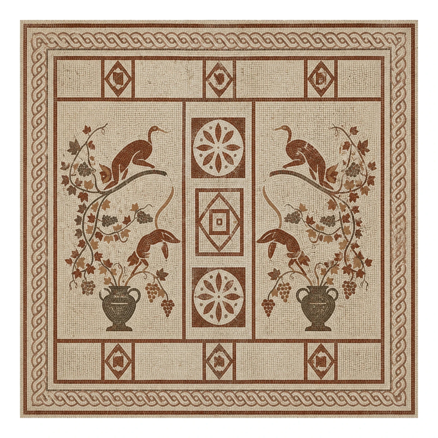 Classic Mosaic Floor Tile with Birds and Vines