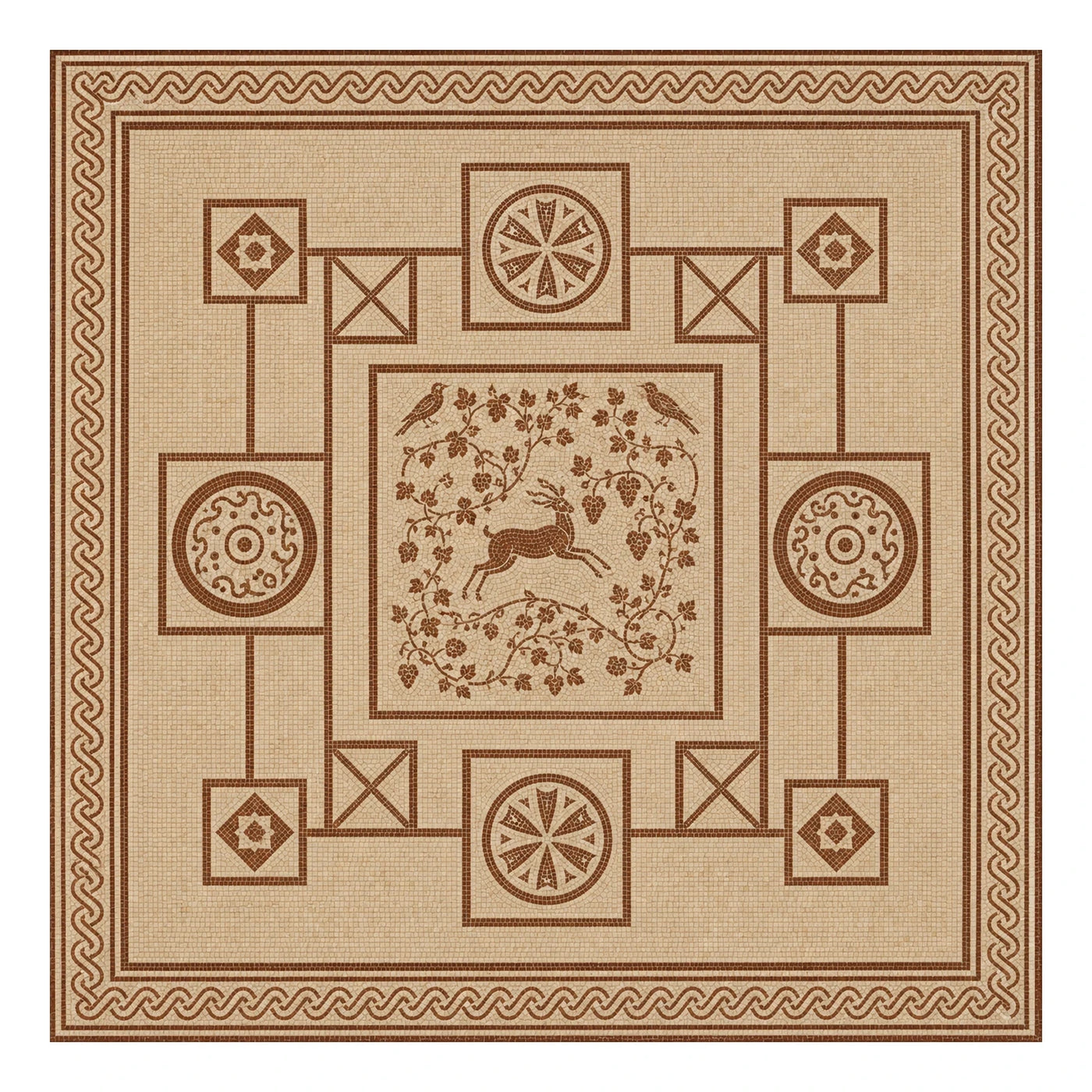 Beige and Brown Mosaic Floor Tile with Deer Motif