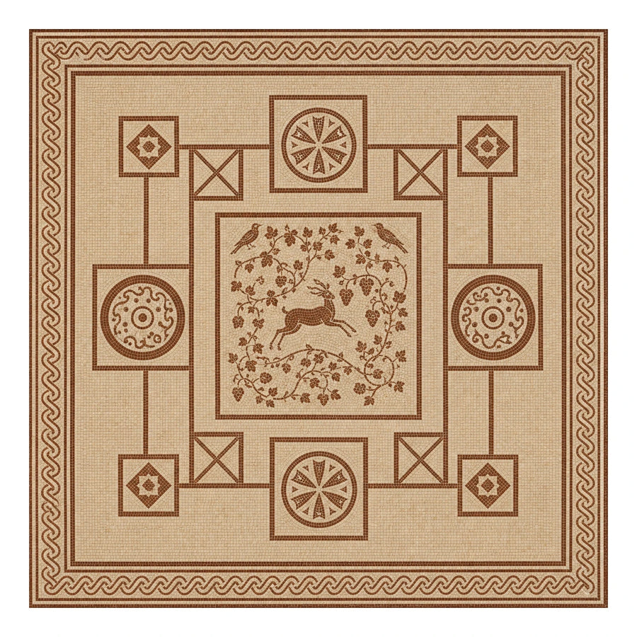 Beige and Brown Mosaic Floor Tile with Deer Motif