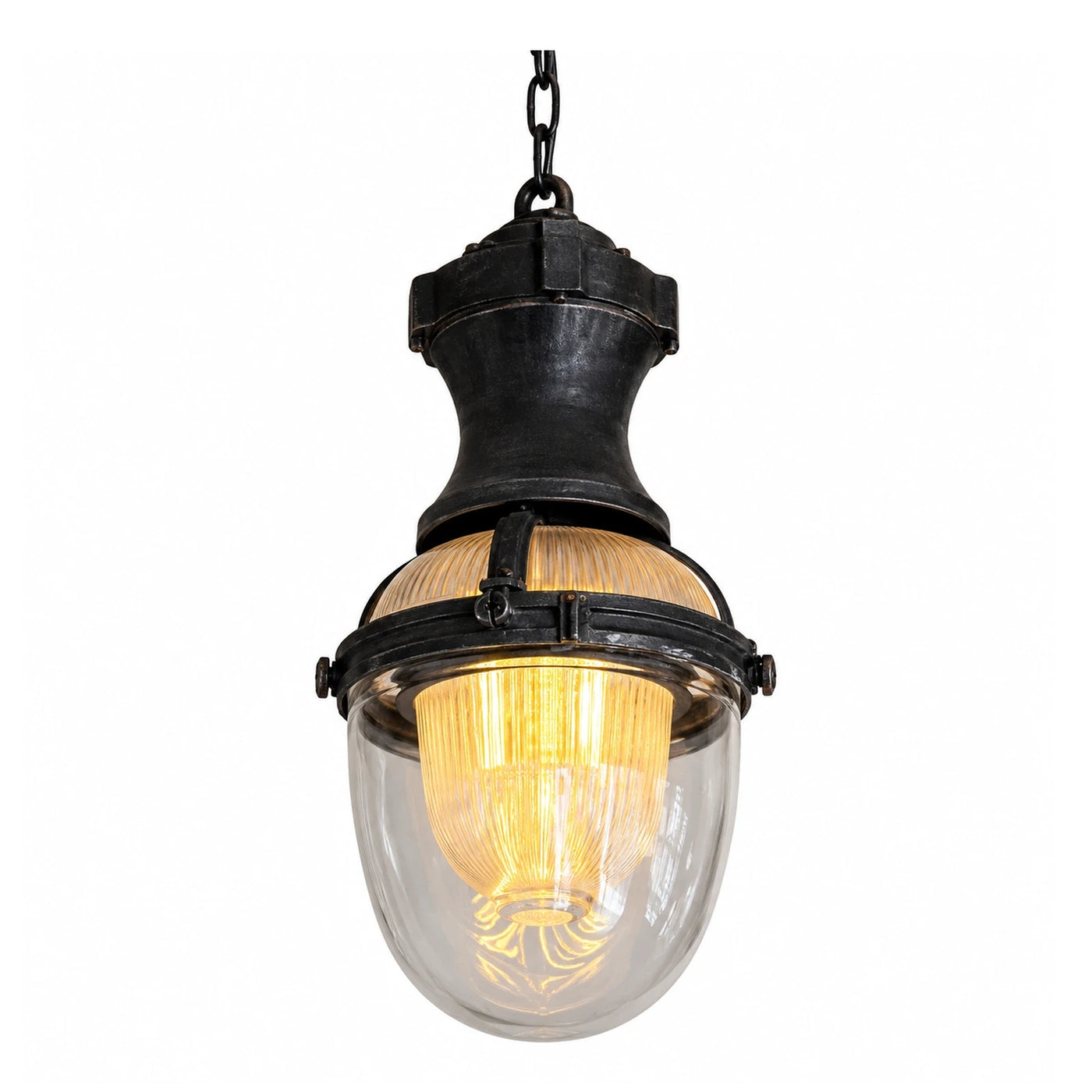 Industrial Black Metal Pendant Light with Ribbed Glass