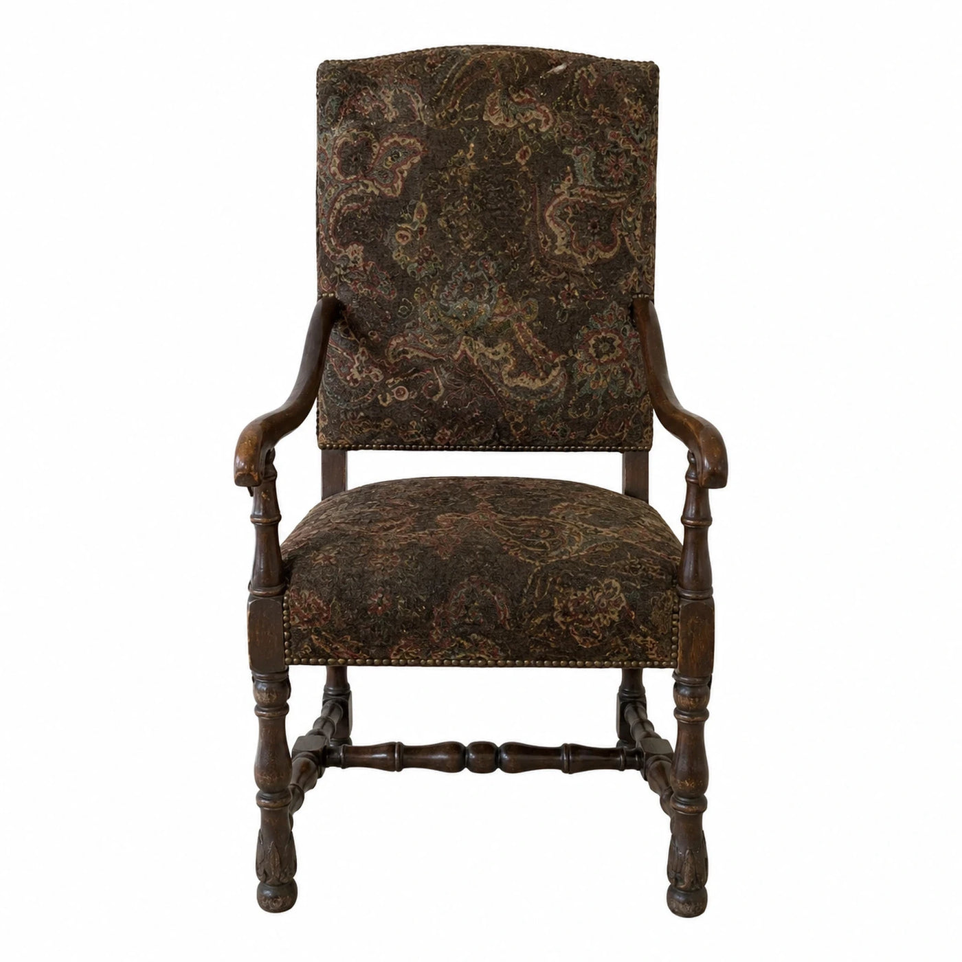 Dark Wood Armchair with Paisley Upholstery