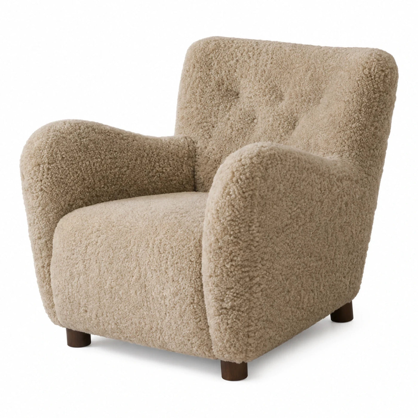 Beige Boucle Accent Chair with Wooden Legs