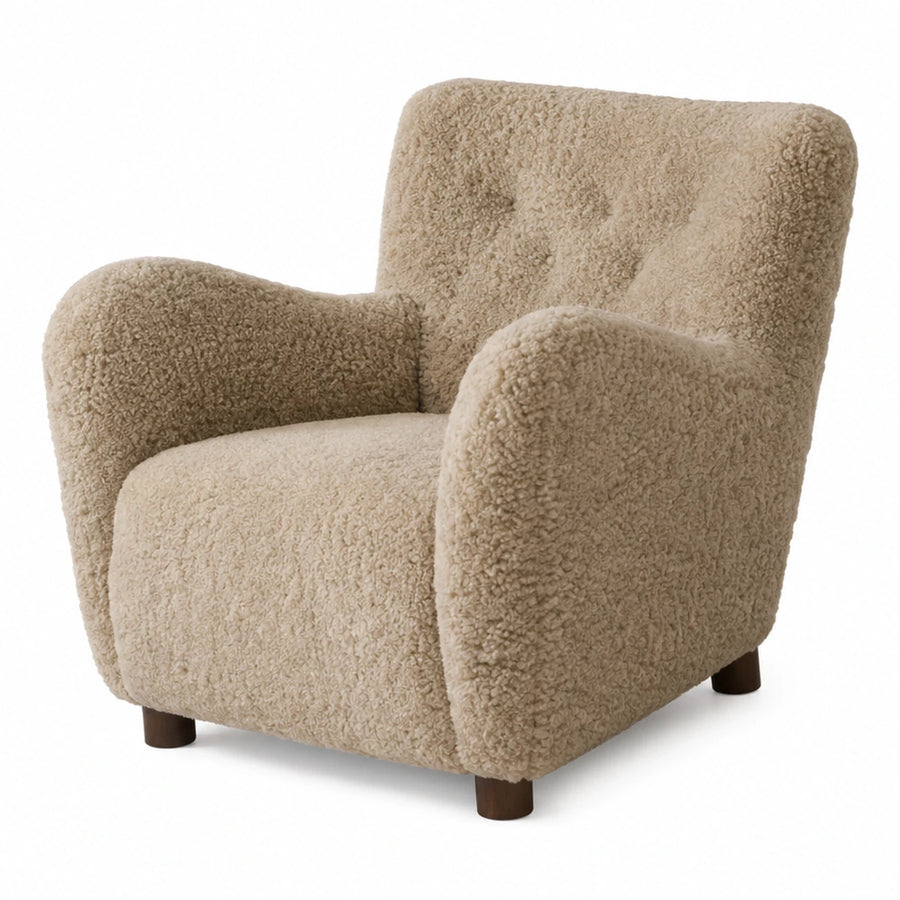 Beige Boucle Accent Chair with Wooden Legs