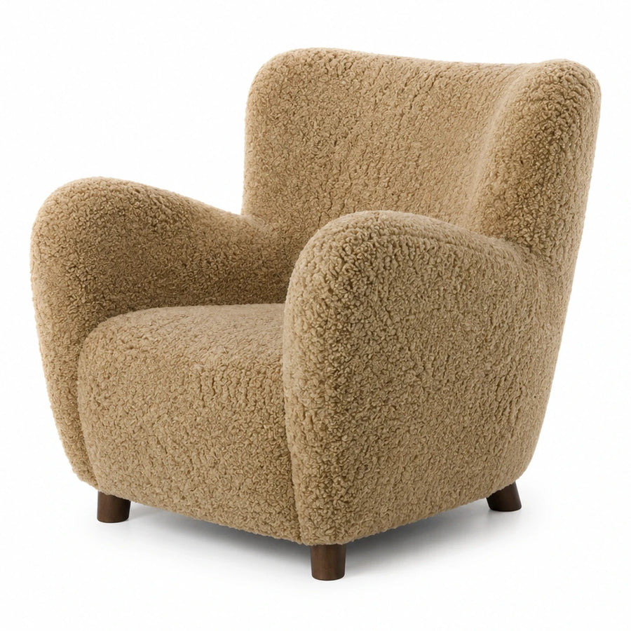Beige Boucle Armchair with Wooden Legs