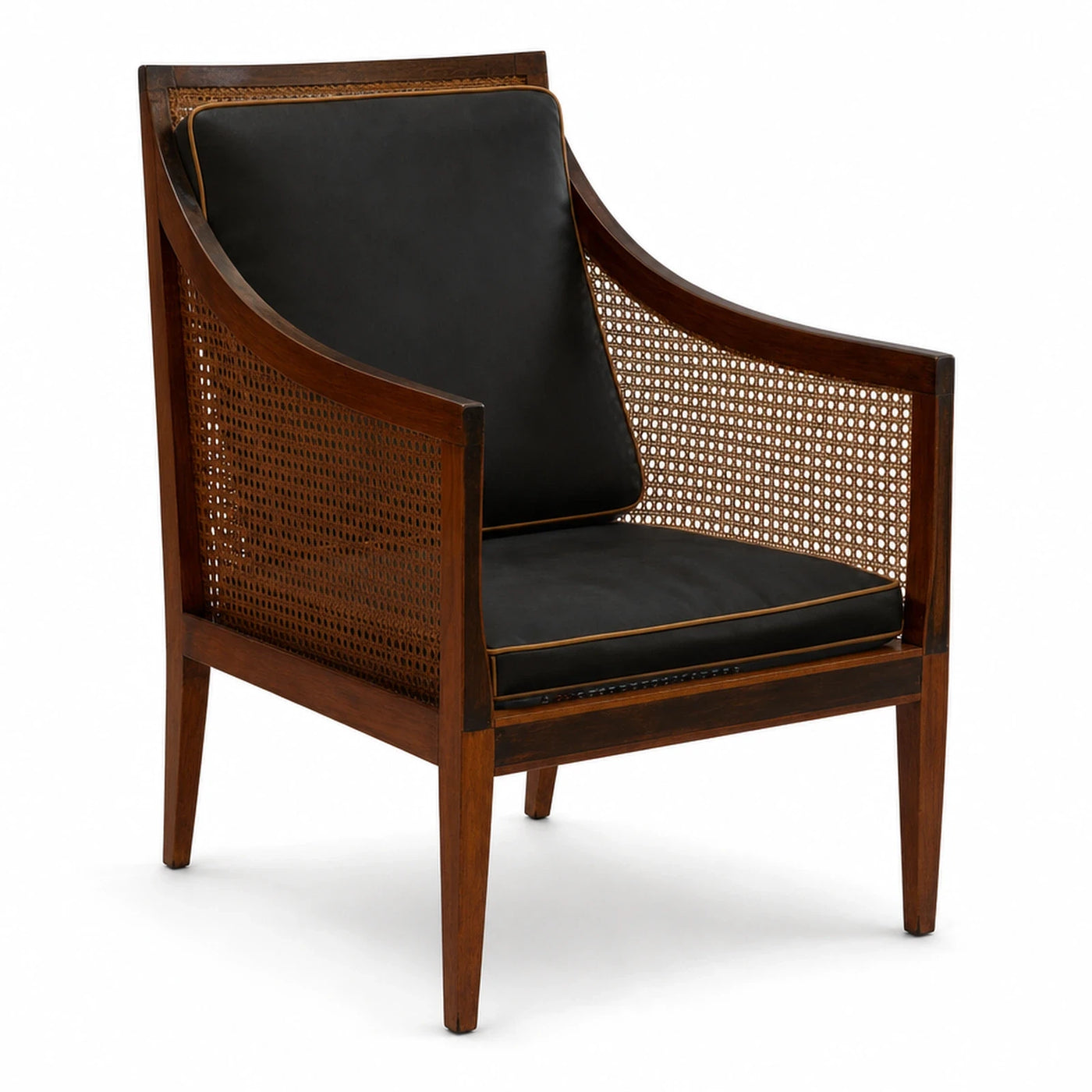 Dark Wood Rattan Armchair with Black Cushion