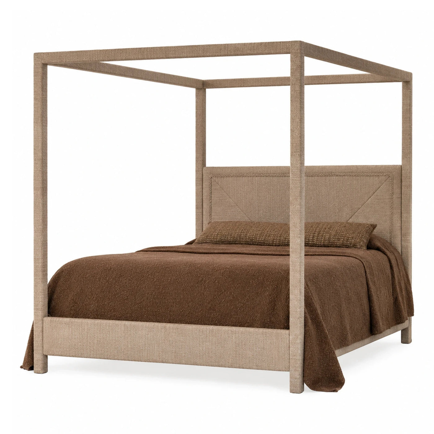 Beige Upholstered Canopy Bed with X-Stitch Headboard