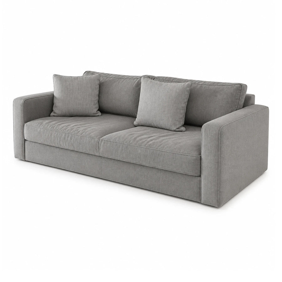 Grey Fabric Sofa with Two Throw Pillows