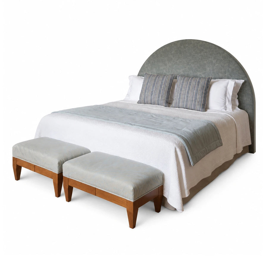 Grey Upholstered Bed with Wooden Benches