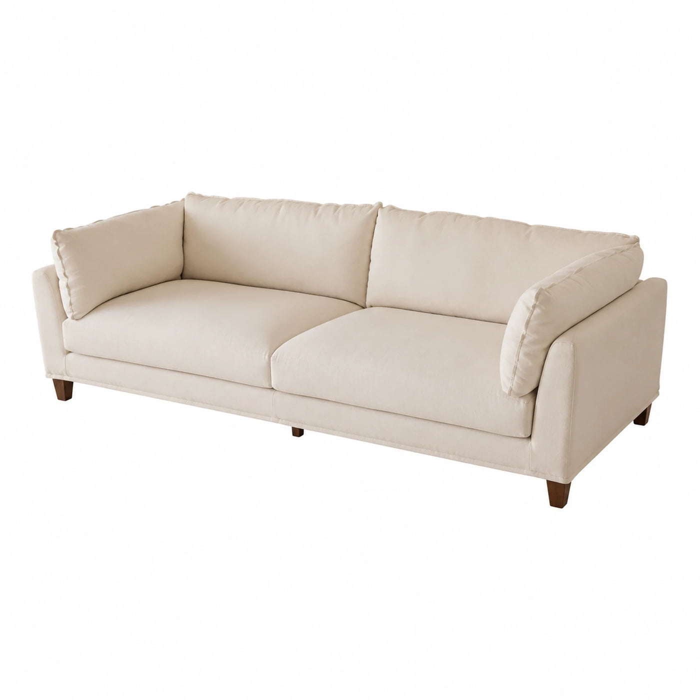 Cream Fabric Three-Seater Sofa with Wooden Legs