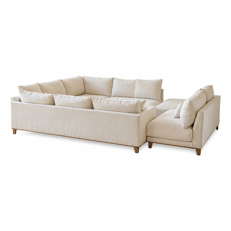 Cream Fabric L-Shaped Sectional Sofa with Wooden Legs