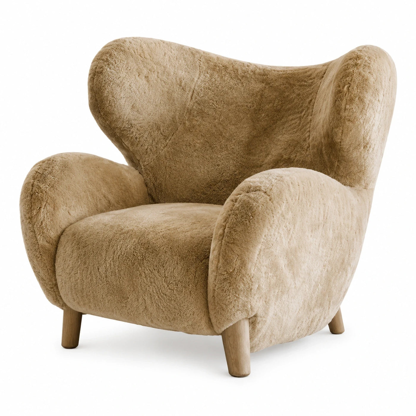 Beige Boucle Lounge Chair with Wooden Legs