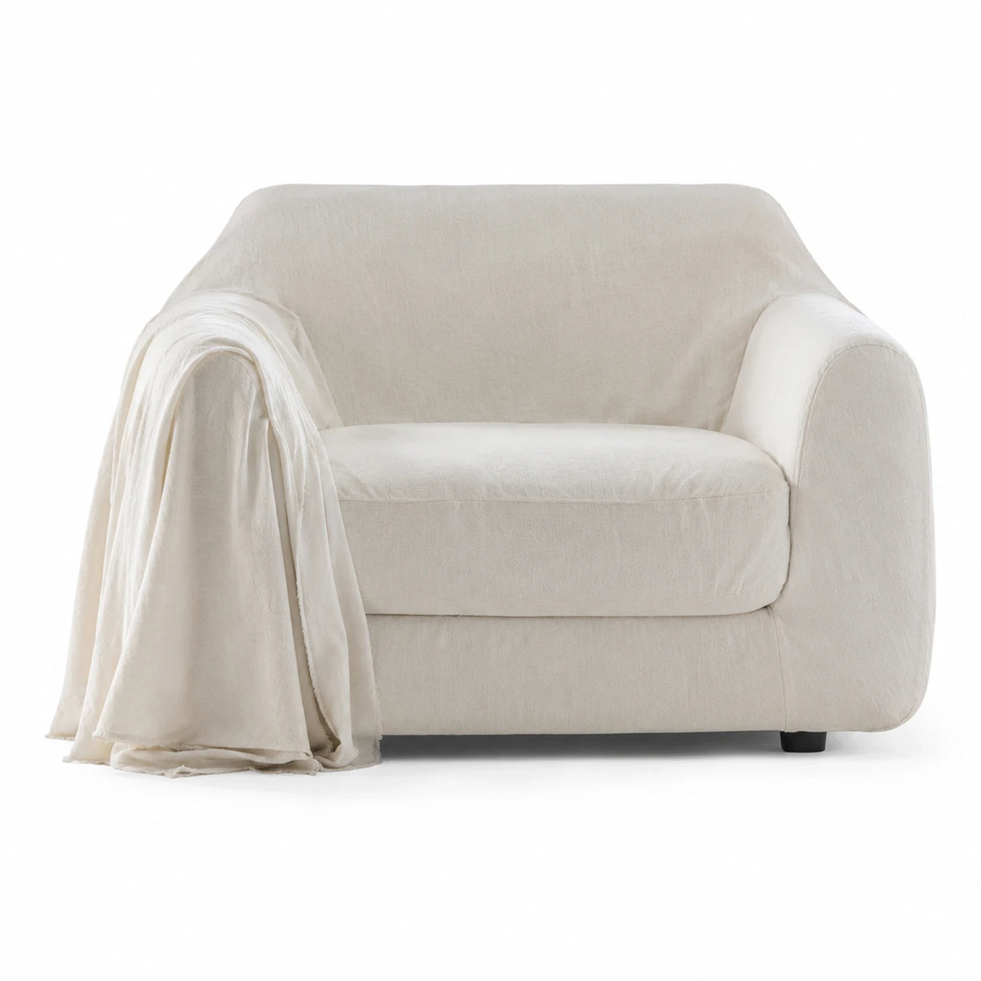 Cream Fabric Armchair with Throw Blanket