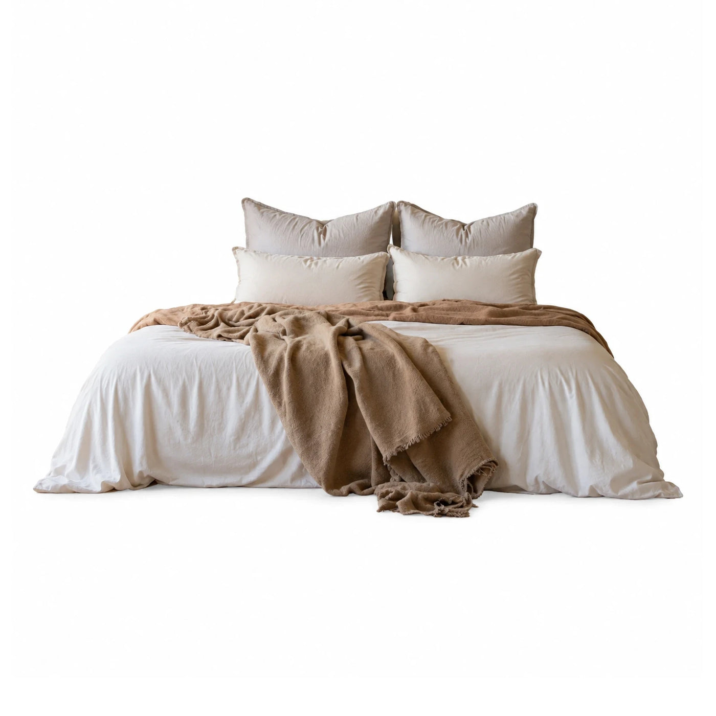 Cream Linen Bedding Set with Brown Throw Blanket