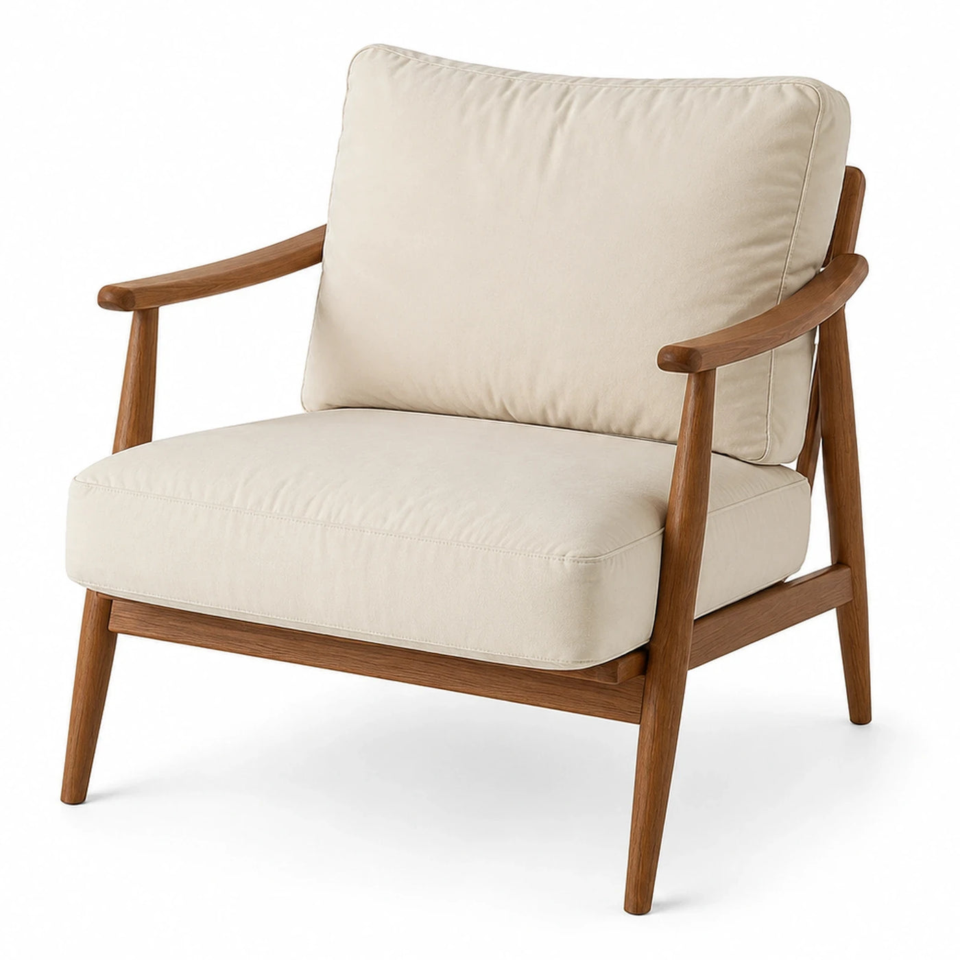 Mid-Century Modern Cream Fabric Armchair with Wooden Frame