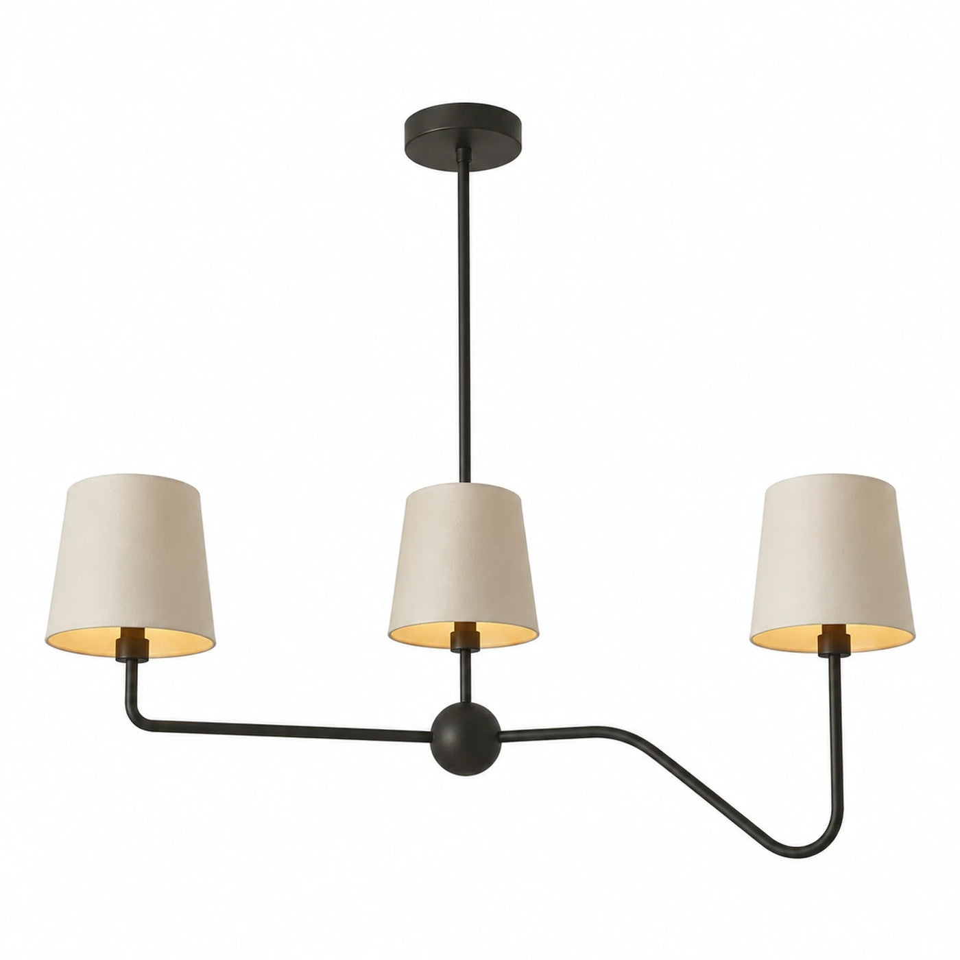 Black Metal Three-Light Chandelier with Beige Fabric Shades