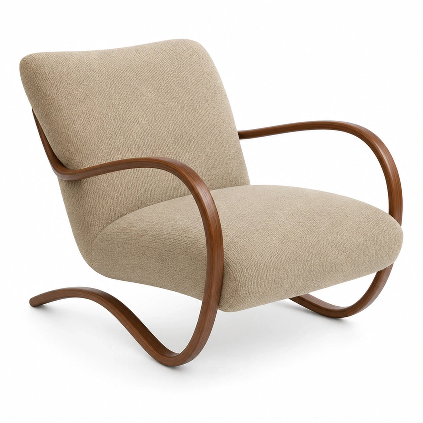 Beige Boucle Lounge Chair with Curved Wood Frame